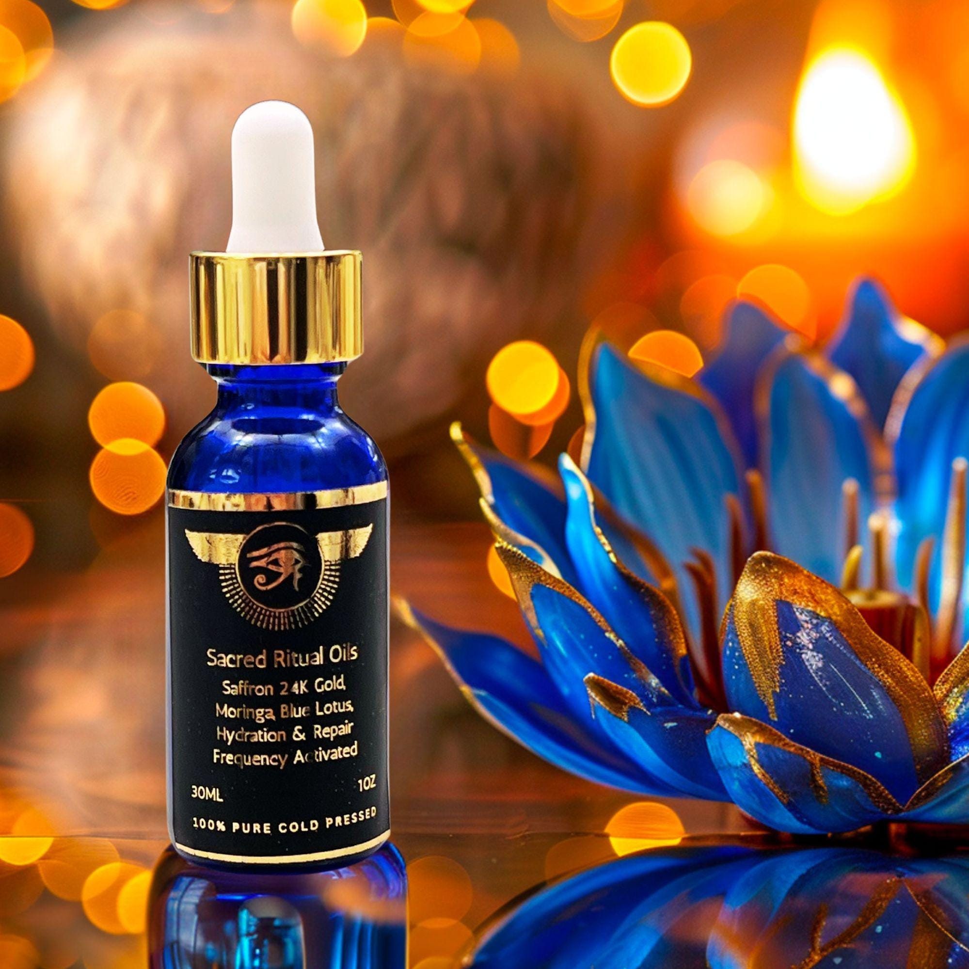 Blue Lotus 300 X Extract Egyptian + Cold-Pressed Moringa Oil with Saffron + 24K Gold - 2 oz