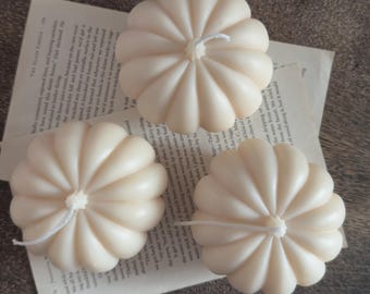 May include: Three off-white, pumpkin-shaped candles with ribbed textures and central white wicks. The candles are arranged on top of a piece of paper with printed black text, featuring the title The Glass Castle at the top of the page.