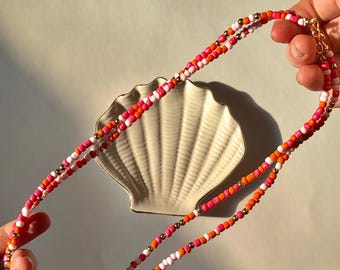 Coral, Orange, Pink and Gold Seed Bead Necklace