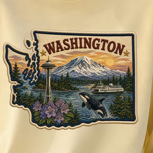 Washington State Patch PNG | Faux Embroidered Space Needle Orca Sublimation | Washington Home Gift for Her Him Shirt Tumbler DTF