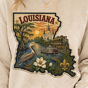 Louisiana State Patch PNG | Faux Embroidered Pelican Magnolia NOLA Sublimation | Louisiana Home Gift for Her Him Shirt Tumbler DTF