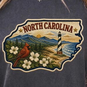 North Carolina State Patch PNG | Faux Embroidered Cardinal Lighthouse Sublimation | NC Home Gift for Her Him Shirt Tumbler DTF