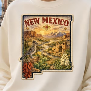 New Mexico Faux Embroidery State Patch PNG Sublimation Design, Zia Sun, Roadrunner Chile, Adobe Pueblo, Shirt Tumbler Coffee Mug Gift