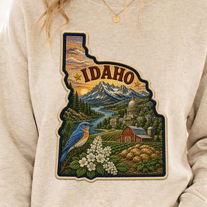 Idaho Faux Embroidery State Patch PNG Sublimation Design, Sawtooth Peaks, Potato Farm, Bluebird Syringa, Shirt Tumbler Coffee Mug Gift