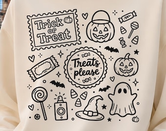 Trick or Treat PNG Treats Please Cute Halloween Candy Doodle Design for Shirts Tumblers Mugs Stickers and Kids Crafts