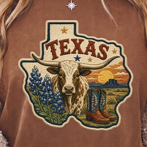 Texas State Patch PNG | Faux Embroidered Longhorn Bluebonnet Sublimation | Texas Pride Home Gift for Her Him Shirt Tumbler DTF File