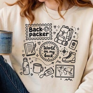 Backpacker PNG Sublimation, World On My Back Stamp Collage Doodle Clipart, Gap Year Backpacking Shirt Tumbler Mug Tote Sticker Travel Gift