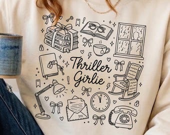 Thriller Girlie Doodle Collage PNG Bundle | Thriller Book Clipart Sublimation | Cozy Reader Hand Drawn Line Art Transparent Background