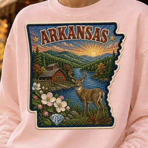 Arkansas Faux Embroidery State Patch PNG Sublimation Design, Apple Blossom, White Deer, Ozark Diamond, Shirt Tumbler Coffee Mug Gift
