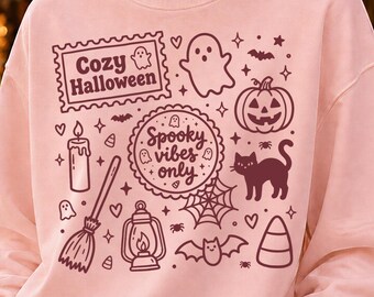 Cozy Halloween PNG Spooky Vibes Only Cute Ghost Cat Pumpkin Doodle Design for Shirts Tumblers Mugs Stickers and Halloween Crafts