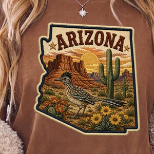 Arizona State Patch PNG | Faux Embroidered Saguaro Roadrunner Sublimation | Arizona Pride Home Gift for Her Him Shirt Tumbler DTF