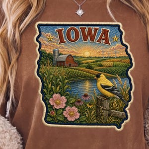 Iowa Faux Embroidery State Patch PNG Sublimation Design, Prairie Rose, Goldfinch Barn, Cornfield Silo, Shirt Tumbler Coffee Mug Gift