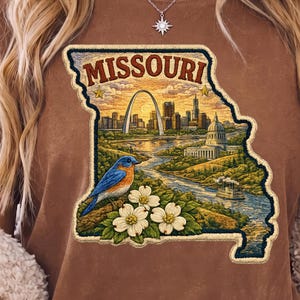 Pode incluir: Uma t-shirt castanha com um gráfico em forma do estado do Missouri. O design inclui o texto MISSOURI, o Gateway Arch, um rio, um barco a vapor, um pássaro azul e flores brancas de corniso, tudo numa ilustração detalhada e texturizada.