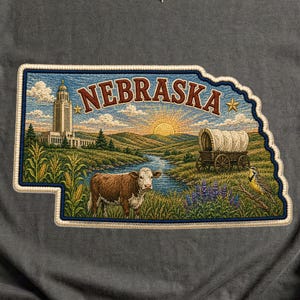 Nebraska Faux Embroidery State Patch PNG Sublimation Design, Goldenrod Prairie, Hereford Cow, Pioneer Wagon, Shirt Tumbler Coffee Mug Gift