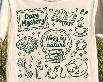 Cozy Mystery PNG Bundle, Bookish Sublimation Designs, Reader Doodle Stickers, Nosy by Nature Gift Tumbler T-Shirt Mug Clipart