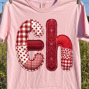 May include: A light pink t-shirt with the word "eh" appliqued on the front. The letters are made of red and white patterned fabric, including maple leaf and gingham designs. The shirt is hanging on a clothesline.