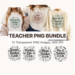 May include: A digital collection of 12 graphic designs featuring circular arrangements of school-themed icons and text such as Kindergarten Teacher Club, Art Teacher Club, Special Ed Teacher Club, Science Teacher Club, Teacher Life Club, Music Teacher Club, and Pre-K Teacher Club.