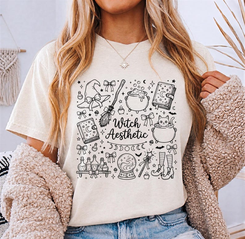 Witch Aesthetic PNG Sublimation, Coquette Bow Doodle Clipart, Witchy Mom Shirt Tumbler Mug Tote Sticker, Spellbook Cauldron Halloween Gift image 2