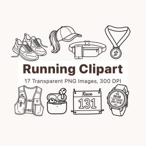 May include: A collection of black and white line art illustrations featuring running gear including sneakers, a baseball cap, a waist belt with a phone, a medal, a hydration vest, wireless earbuds, a race bib labeled 131, and a digital watch.