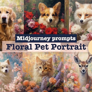 Dipinti a olio di Midjourney di ritratti floreali di animali domestici Prompt, ritratto di animali AI Art, cane Midjourney AI Art, gatto Arte digitale, stampa generata da AI
