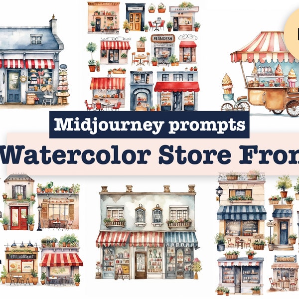 Midjourney prompt whimsical watercolor storefront clipart - cute cafe and restaurants Prompts,  cozy stores ai art Prompt