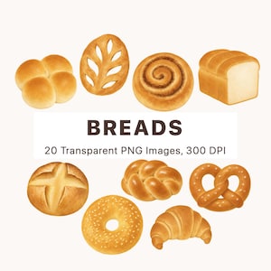 May include: A collection of watercolor illustrations featuring various golden-brown baked goods including a cloverleaf roll, leaf-shaped bread, cinnamon roll, loaf, round scored bread, braided loaf, pretzel, bagel, and croissant with the text BREADS 20 Transparent PNG Images, 300 DPI.