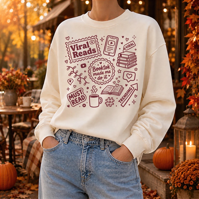 May include: Cream-colored sweatshirt with a maroon graphic design featuring the words "Viral Reads," "Booktok made me do it," and "Must Read." The design includes book-related icons, a coffee cup, and a trending arrow. The person is wearing blue jeans.