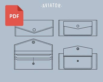 Puede incluir: Un patrón de cartera de cuero descargable en formato PDF con el título "AVIATOR". El patrón incluye cuatro diseños de cartera diferentes, cada uno con una configuración de solapa y bolsillo diferente.
