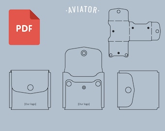 Puede incluir: Un dibujo en blanco y negro de un patrón de cartera con el texto "[Our logo]" y el título "AVIATOR" sobre un fondo azul claro. La imagen también incluye un icono PDF rojo.