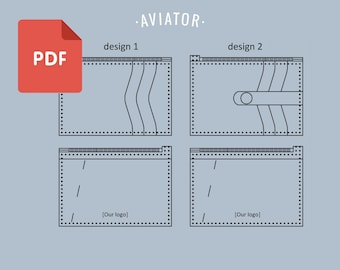 Puede incluir: Un patrón PDF para una cartera con dos diseños diferentes. El primer diseño tiene una cremallera y tres ranuras para tarjetas. El segundo diseño tiene una cremallera y una solapa con un botón. Ambos diseños tienen un espacio para un logotipo.
