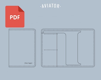 Puede incluir: Un patrón PDF para una cartera de cuero con el título "AVIATOR". El patrón incluye un bolsillo frontal, un bolsillo trasero y un bolsillo interior grande con una solapa.