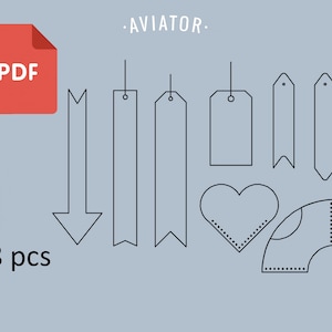 Könnte beinhalten: Ein Satz von acht druckbaren PDF-Vorlagen für Geschenkanhänger. Die Anhänger haben verschiedene Formen, darunter rechteckig, herzförmig und gebogen. Die Anhänger sind in Schwarz umrandet und haben oben ein Loch für eine Schnur.