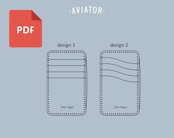 Puede incluir: Un patrón PDF para una cartera de cuero con dos opciones de diseño. El primer diseño tiene líneas rectas para las ranuras para tarjetas, mientras que el segundo diseño tiene líneas onduladas. Ambos diseños incluyen un espacio para un logotipo.