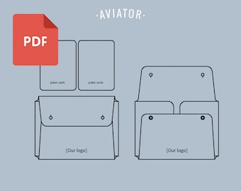 Puede incluir: Un dibujo en blanco y negro de una cartera con dos bolsillos para cartas de póquer, un bolsillo para dinero en efectivo y un espacio para un logotipo. El texto "AVIATOR" está escrito encima de la cartera. El texto "PDF" está escrito en un rectángulo rojo.