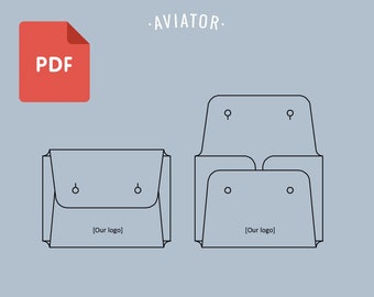 Puede incluir: Patrón PDF de dibujo de línea para una pequeña bolsa rectangular con cremallera, con dos agujeros para un cierre a presión. La bolsa tiene una solapa abatible y espacio para un logotipo. El patrón está etiquetado como "AVIATOR".