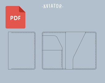 Puede incluir: Un dibujo en blanco y negro de un patrón de cartera de cuero con el texto "AVIATOR" encima. El patrón muestra el diseño de la cartera con bolsillos y pliegues. Un icono PDF rojo se encuentra en la esquina superior izquierda.