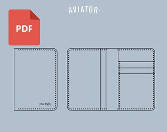 Puede incluir: Un dibujo en blanco y negro de una cartera con una solapa y múltiples ranuras para tarjetas. El texto "AVIATOR" está encima de la imagen. El texto "PDF" está en un rectángulo rojo encima de la cartera. El texto "[Our logo]" está dentro de la cartera.