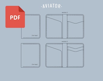 Puede incluir: Un icono de documento PDF rojo con la palabra "PDF" en blanco. Debajo, plantillas de cartera etiquetadas como "versión 1" y "versión 2" con líneas punteadas y el texto "[Nuestro logo]" sobre un fondo azul claro.