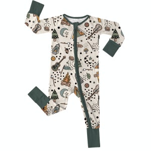 S'more Adventures | Soft Bamboo Baby Rompers: Hypoallergenic, Eco-Friendly | Two-Way Zipper, Optional Hand & Feet Covers