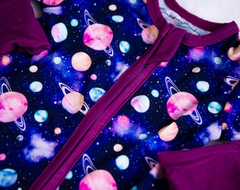 Stardust Girls Space Bamboo Zippy Pajamas | Pastel Alien Print | Soft Hypoallergenic Baby Sleepwear | Two-Way Zip