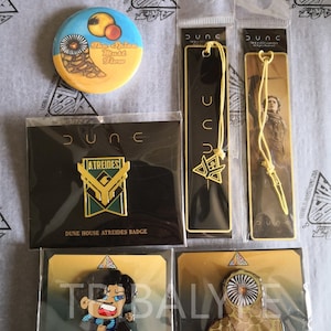 Dune Gift Bundle - Metal Charm Bookmarks & Sandworm + Paul Atreides + House Atreides Hard Enamel Pins + The Spice Must Flow Arrakis Button