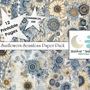 May include: A digital paper pack featuring a seamless pattern of blue and beige sunflowers. The design includes 12 printable pages and is available for commercial use. The image also includes the text "Blue Sunflowers Seamless Paper Pack" and the logo for "Stardust and Seabreeze Digital Designs."