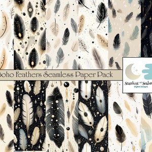 Boho Feathers Seamless Paper Pack - 12 Pages for Craft Projects, Junk Journals, Scrapbooking, Instant Printable Downloads, Commercial Use