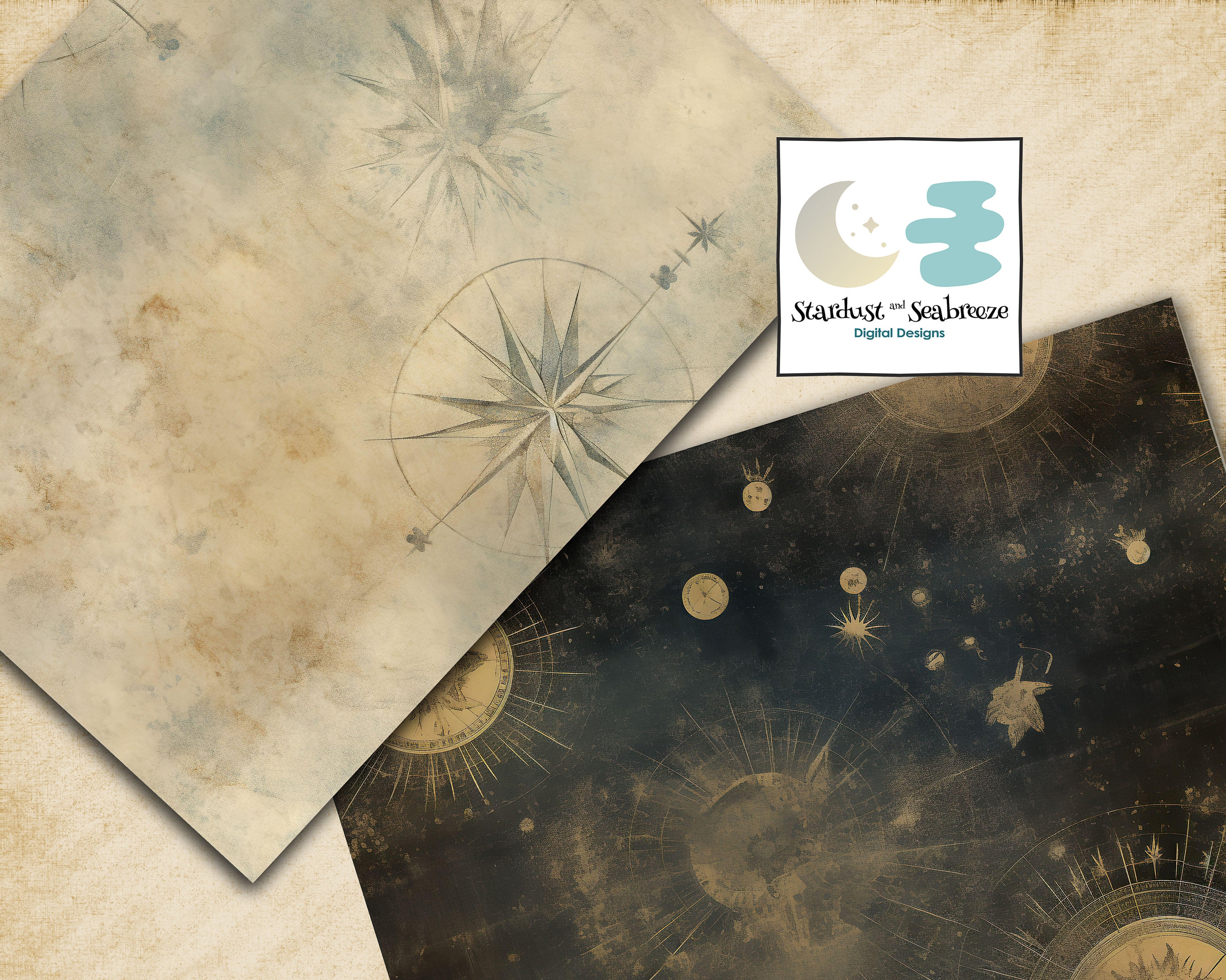 Vintage Starry Sky Digital Paper: Celestial, Moon, Stars Seamless ...