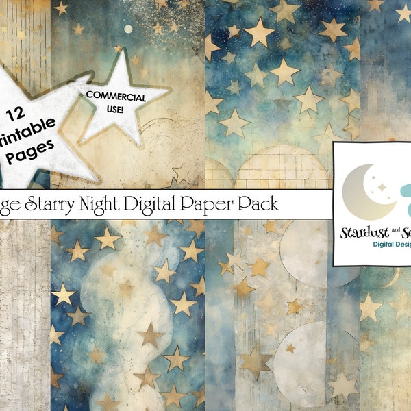 Vintage Starry Night Digital Paper - Original, High-Quality Printable for Junk Journals & Crafts