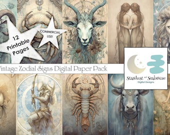 Zodiac Signs Digital Paper, Printable Vintage Junk Journal Pages