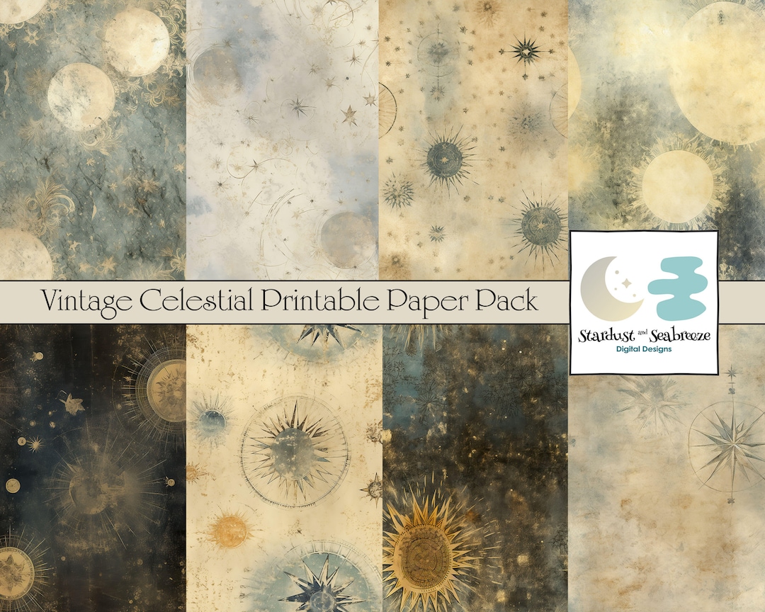 Vintage Starry Sky Digital Paper: Celestial, Moon, Stars Seamless ...