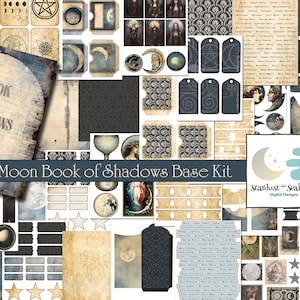 Moon Book of Shadows Base Kit - Vintage Moon Grimoire Junk Journal Style - Over 50 Printable Pages of Ephemera, Tags, Paper, labels and more