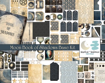 Moon Book of Shadows Base Kit - Vintage Moon Grimoire Junk Journal Style - Over 50 Printable Pages of Ephemera, Tags, Paper, labels and more
