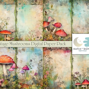Cottagecore Vintage Mushrooms Junk Journal Pages - Printable Scrapbook Paper in Convenient Digital Format